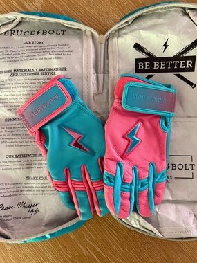 BRUCE BOLT Two-Tone Pink & Teal Lightning Logo Gloves